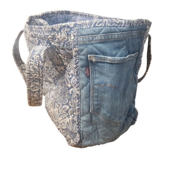 Levi's Handbags - Handmade Levis Denim Quilted Tote Bag Paisley Floral Blue White Upcycled Zipper